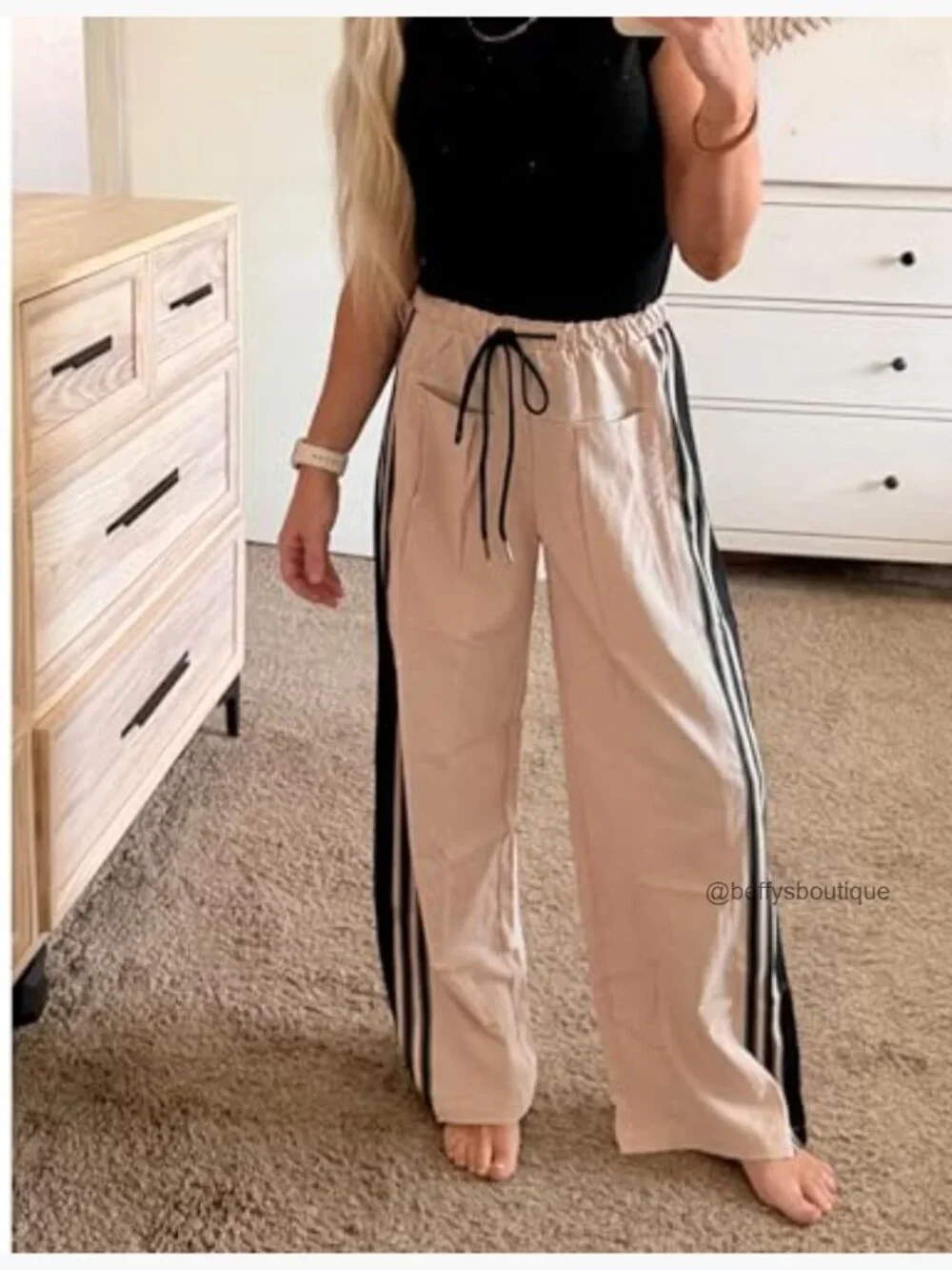 Wide Leg Sweatpants High Waist Drawstring Side Striped Pockets Lounge Active - Picture 5 of 7